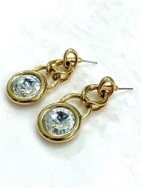 Vintage Gold-Tone Chain Drop Earrings with Clear Crystal Accents